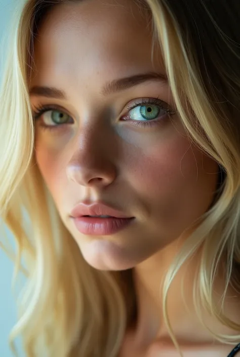 blond woman 19 years close up, green eyes