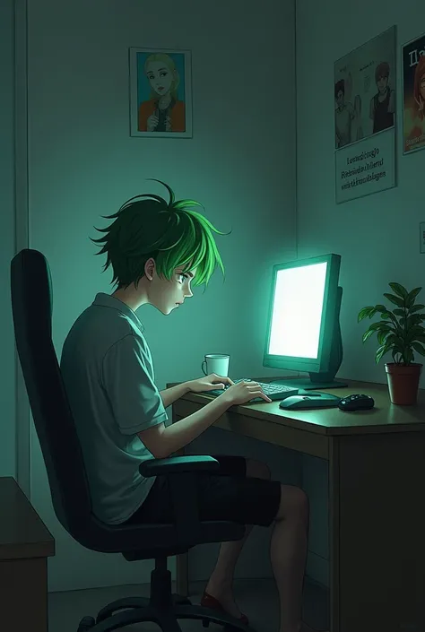 sadboy kotarou playing pc green hair