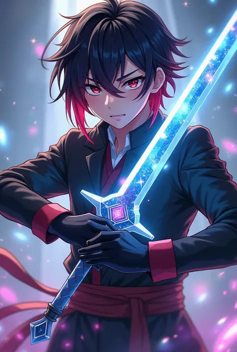 18 year old boy with a Black TELLUM hair with red highlights wearing a scabbard holding his sword made out of cosmic crstals (anime style) 