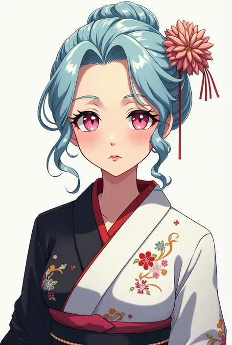 Old lady with light blue hair, geisha hair style, pink eyes, white and black kimono in anime art style