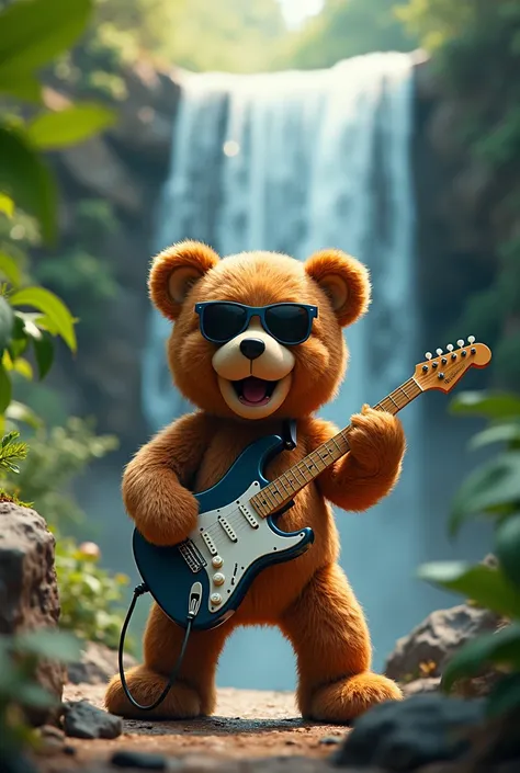 A teddy bear in sunglasses playing electric guitar, dancing and headbanging in the jungle in front of a large beautiful waterfall.