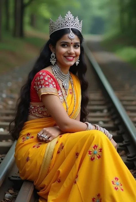 Hot and beautiful girl with saree and heavy jewellery with  diamond crown full body jewellery face 2 white g with yellow  saree light red lipstick with black bindi heldi face she in the forest sitting on the top of train  cheeks and lovely smile hot figure...