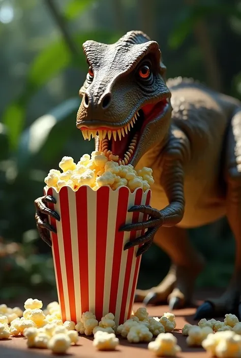 A velociraptor from Jurassic Park 3 eating popcorn 