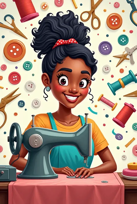 You can create a cartoon image of a seamstress smiling at her sewing machine against a background of sewing instruments flying like buttons, threads, scissors, rulers. 