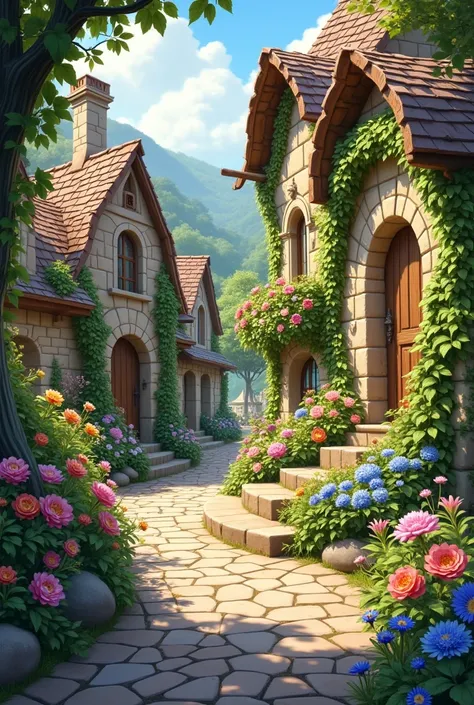  a flowery alley full of round stone houses