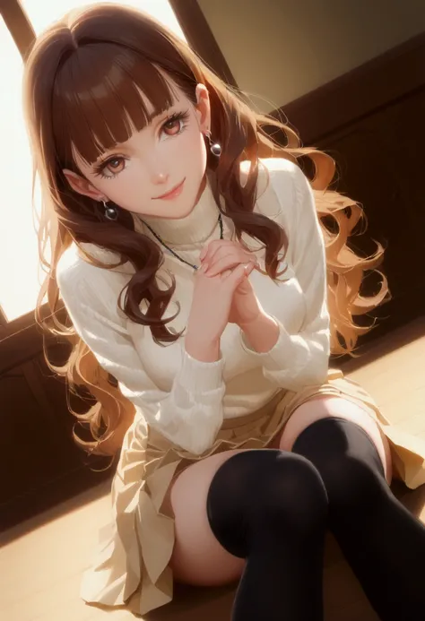 (8K:1.5),anime,cute,moe,1 girl, single, alone, Beautiful woman、I could see the whole body、 ((wavy middle hair, bangs, brown hair)), ((brown eyes, beautiful eyelashes, realistic eyes)), medium breasts, dynamic angle, perfect body, (( female teacher,  earrin...