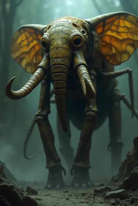 Imagine the fusion of a bee and a very macabre elephant in a dark place 