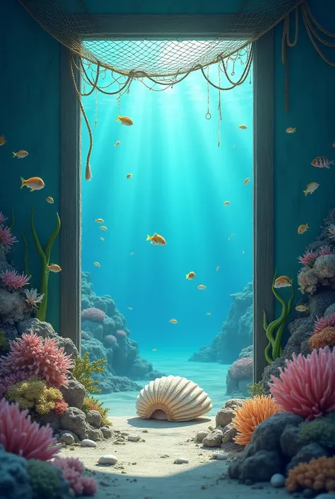 An ocean with a waves and corals, shell, fish, fishnet in literal door
