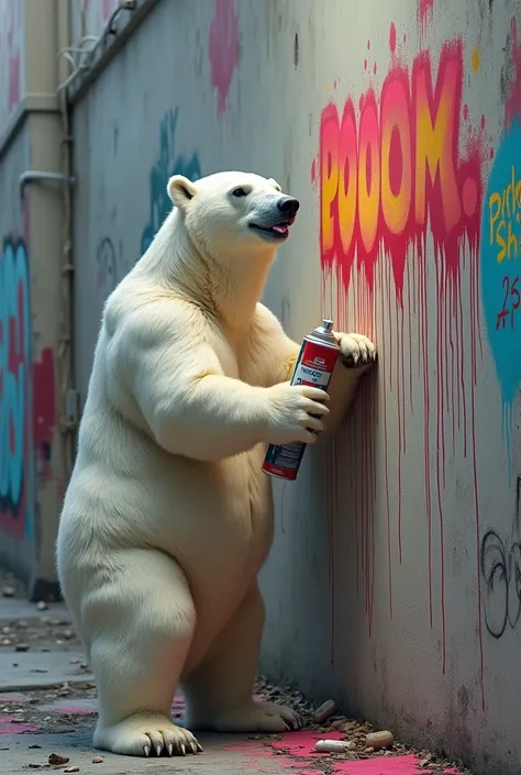 An bear spray-painting a wall with the name Polar