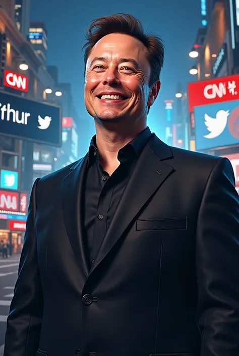 Create an image that expresses the possibility that Elon Musk bought CNN and combine it with another where Elon Musk bought Twitter . That Elon Musk has to look more gringo, not Chinese.. Elon Musk has to come out with an ironic or proud smile