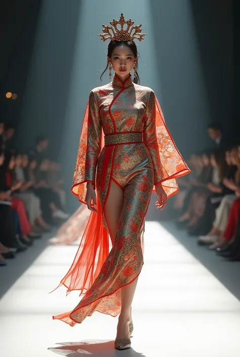 A  Chinese girl dressed in a full perspective outfit walked on the runway