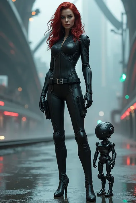 Black Widow And Her Mini Robotic Companion Stand Together, Mini Size Robotic Companion, Beautiful, Detailed, Realistic, High Revolution, Sci-fi Background 