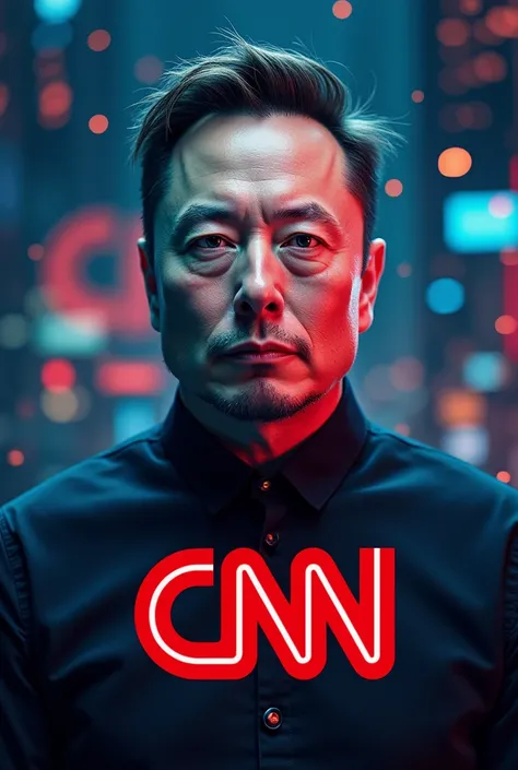  An image with Elon Musk with the CNN background Place the CNN symbol somewhere .  Also ask a question  :Does Elon Mosk buy CNN ?