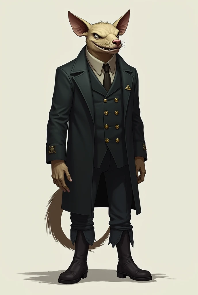 a monster that looks like an animal and a tall human shape ,  White eyes,  wearing a black overcoat fastened with gold buttons and boots. with personality would ,  be responsible and friendly.