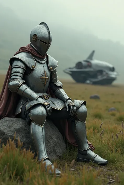 Un chevalier en armure intégral de style medivale, se repose sur un rocher en arrière plan un vaisseau futuriste qui vient de sécraser dans une prairie 