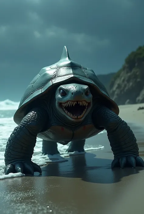 Imagine the realistic and macabre fusion of a shark and a very macabre turtle on the beach at night.