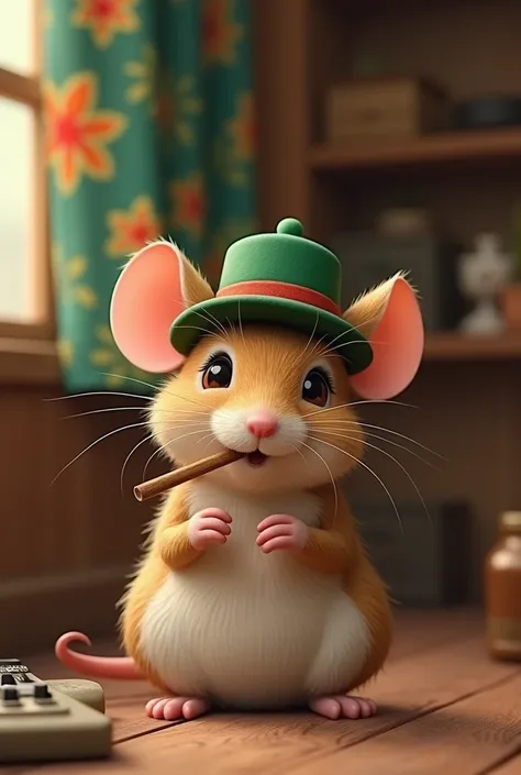 Polish mouse ,  listening to Polish rock ,  with a green hat and straw in his mouth