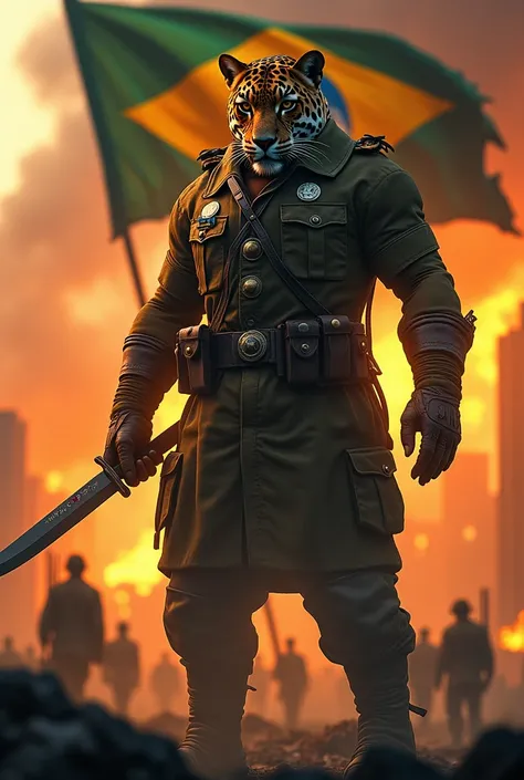 Hyper-realistic anthropomorphic Giant mad Jaguar warrior in Brazilian WW2 military uniform, facing forward at sunset, detailed tattered Brazilian flag waving behind, holding vintage warfare big knife, dramatic fire and smoke effects, military medals, weath...