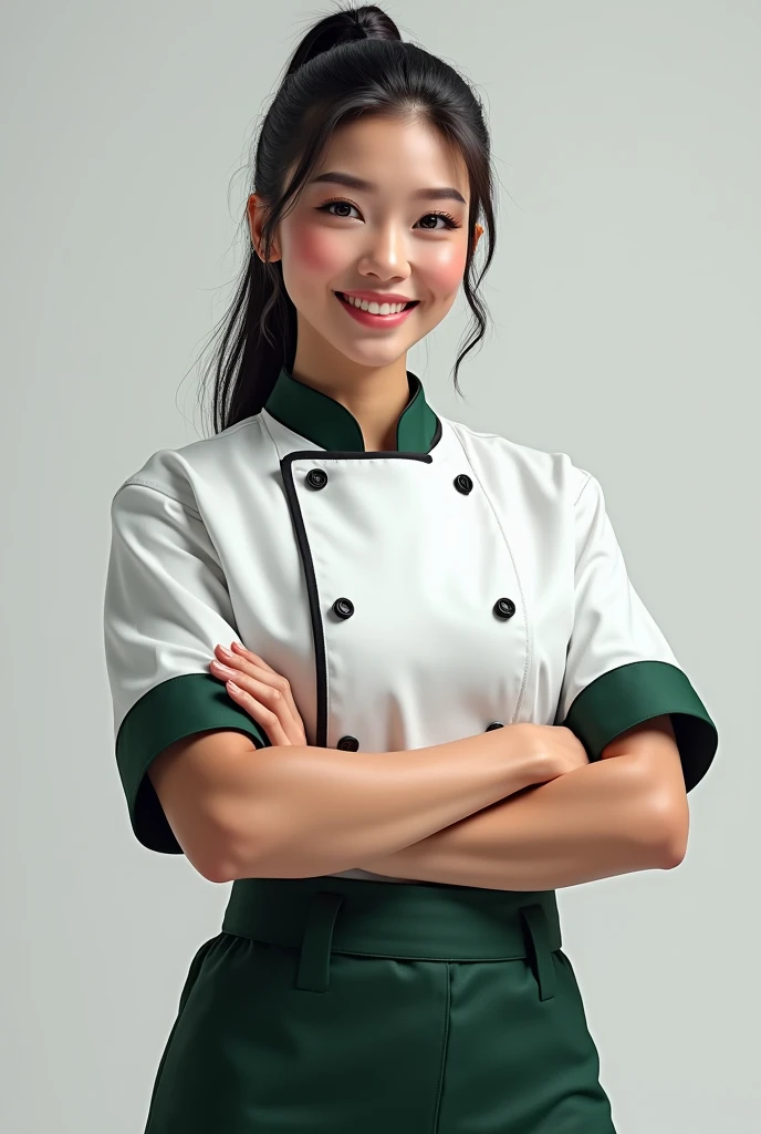 (photorealism: 1.2), Asian woman  in dynamic pose. raw full portrait photography, hyper realistic and detailed face, complex and realistic skin texture, hot body, athletic body, smiling, black hair, Chef in chef coat with accent of forest green,black and w...