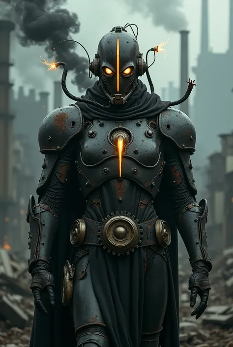 Dieselpunk entity clad in heavy, oil-slicked metal armor, covered in rivets and gears. Faceless iron mask with a single vertical slit emitting a dull yellow light, marred by rust and soot. Twisting cables snake from the head, sparking with electricity. Clo...