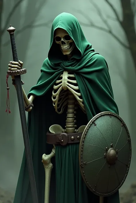 The skull doesnt have eyes, is carrying a rapier and buckler, and is wearing a green hood and cape