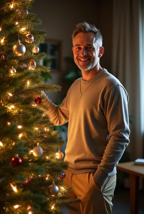 White man next to one.Christmas tree