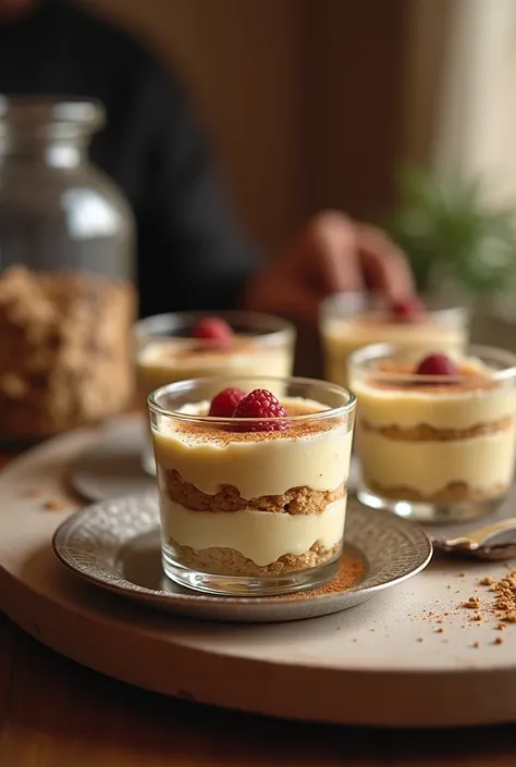 Treat yourself to these Individual Tiramisu Cups, a delightful and creamy dessert that’s perfect for sharing,  The scene should be captured in warm, inviting lighting with a slight grainy texture, reminiscent of an old camera. The composition should convey...