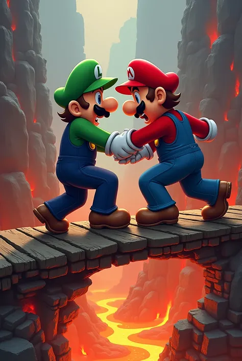 Mario on a bridge ,  fighting Luigi ,  with lava under the bridge