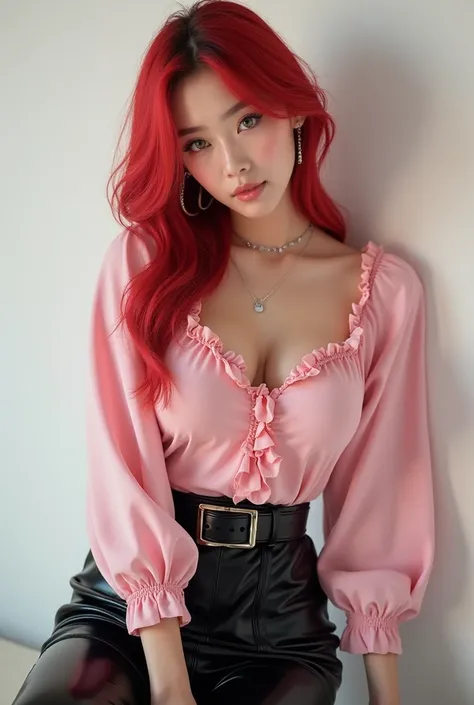 New member of Korean girl group Blackpink, Tan Jung-Hwa, beautiful Korean girl, latex black leggings and skirt, pink blouse with frills, red dyed hair with black roots, green eyes, female, 1girl