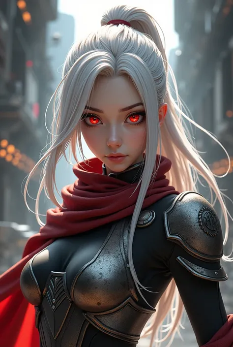  Create an image of a very beautiful woman this woman has white hair in the anime hair style, red eyes and this woman wears Mandalorian armor , This woman is a Mandalorian warrior  