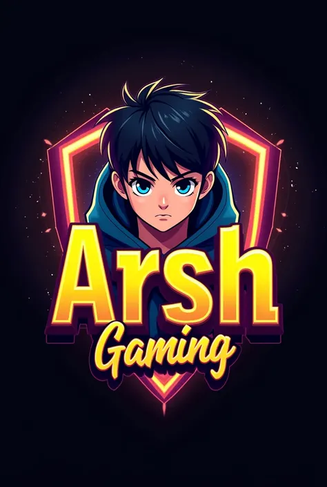 This is a gaming logo that features the name "Arsh Gaming" in a futuristic font and a neon Golden color. and Boy Anime avtar, The logo also has a stylized controller icon. The logo is designed to be attractive and eye-catching, and to appeal to gaming enth...