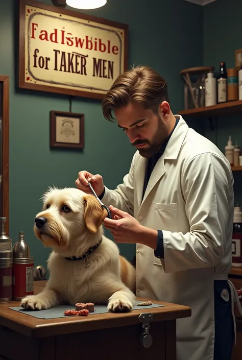 A male hairdresser cutting the hair of a dog , Since the store has a large sign that says the cut is for men. 