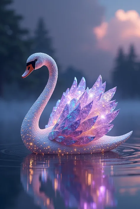 A majestic swan made entirely of shimmering precious stones, including diamonds, emeralds, rubies, and sapphires. Its wings are formed from radiant amethyst crystals, each feather delicately crafted from shimmering, multi-colored gemstones. The body of the...