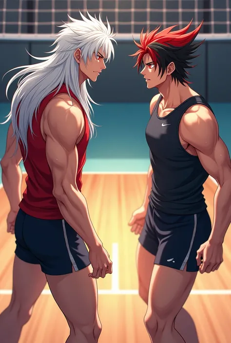 Create a male volleyball player with white hair a little below the shoulders with red eyes and a height of 2 . 19m and next to another male volleyball player with black hair and red tips with hair below the shoulders with red eyes and a height of 2.10m