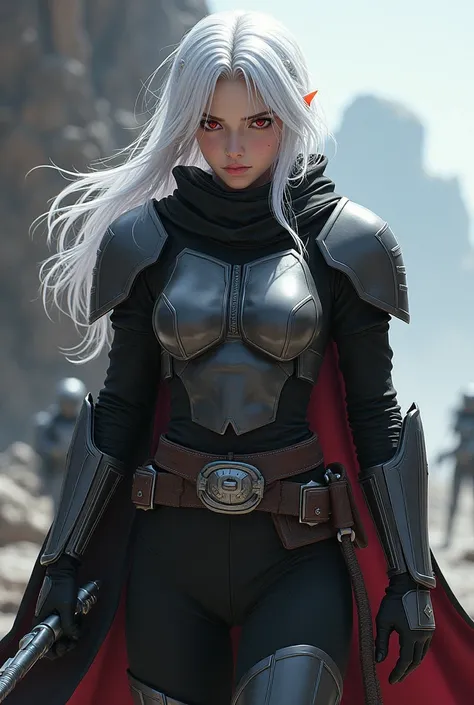 Create an image of a Mandalorian warrior 
She is a very beautiful woman this woman has white hair in the anime hair style, red eyes and this woman wears Mandalorian armor , This woman is a Mandalorian warrior  