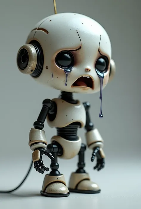 Image of a mini robot crying sadly with lots of tears on its cheeks 