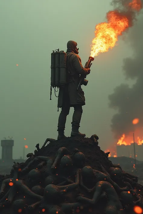 A man in a gas mask,  has flamethrower cylinders behind him , a man stands on a mountain of burnt mannequins