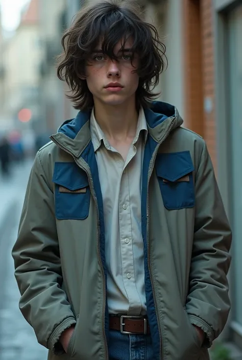 A pale male adolescent, green-eyed,  dark circles and very long hair, dark brown and disheveled ,  wearing a gray coat with three large blue stripes over a white shirt and blue jeans,  looking at the camera while placing one hand in one of the pockets of h...