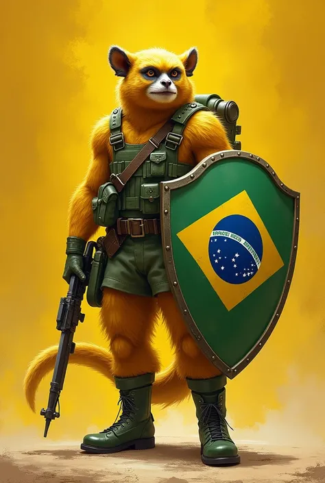 Create a golden Mico soldier with the Brazilian flag and with a vest on his arm holding a shield with the Brazilian flag and with green military boots