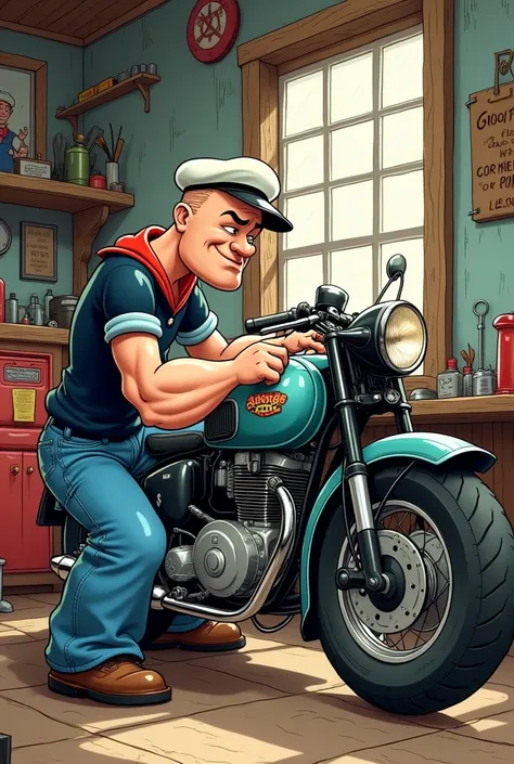 Popeye the sailor fixing a motorcycle 
