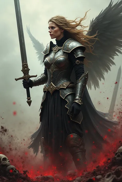  Valkyrie with sword . 




battlefield... 
 

red... 
skull.  beautiful girl . 

 double exposure . Boris Vallejo style. around death . 
 high detail ,oil paints, Gothic, Rembrandt style .