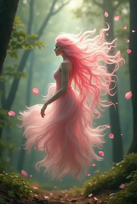 A specter of the forest is made up of pink flower petals that float in the air,  creating a figure of faith without a solid body .  Her presence is surreal and hypnotic . Take as a reference the movie Narnia , , a figure of faith made of flower petals with...