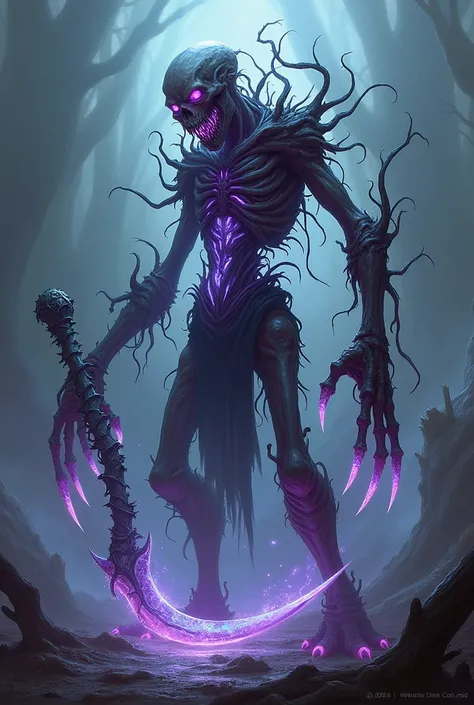 Create a photo-realistic full-body image of a Vine Reaper, a corrupted warrior of the Vacío. The Reapers body is tall and skeletal, covered in glowing, twisted vines that wrap around its body and limbs, with dark purple veins running through the vines like...