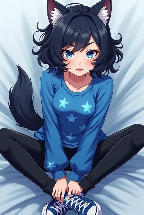 Make a wolf curly hair black and blue light blue eyes blue sneakers black pants blouse with stars shes lying down posing anime version