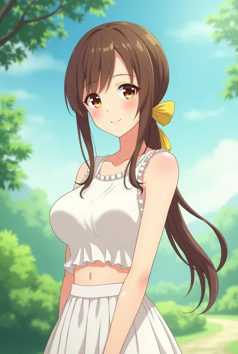 1girl, tia, tied brown hair, yellow ribbon tying hair, sleeveless white shirt, white skirt, Well good, anime、Long Hair, smile,  low ponytail,  facing the front、 big breasts at the temple, Character portrait,  high resolution on down, Best Quality, A girl a...