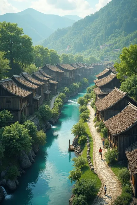 Houses in a village, Passing near a river