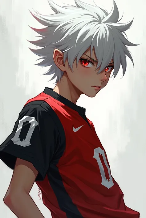 A white-haired, red-eyed teenage boy wearing a team jersey the boy turned sideways