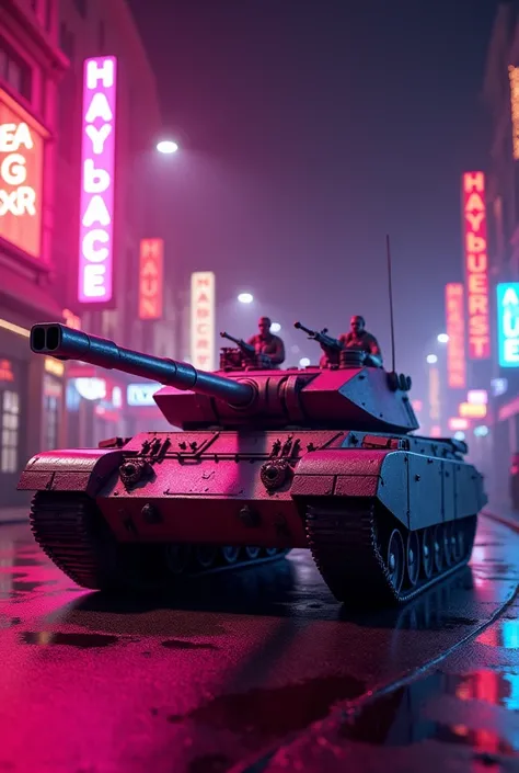 Army tank pink glittered thst shoots on a colorful gay bar, hd, realistic, at night, 4k, real