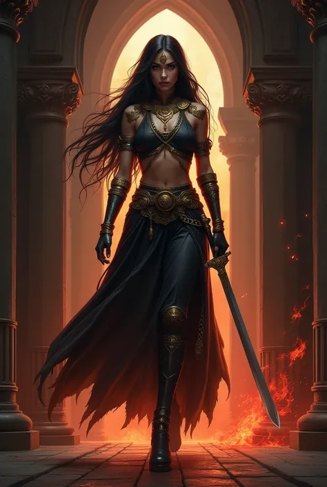 Image of a woman standing in a dark and eerie corridor with pillars and arches. The woman is wearing a black and gold outfit with intricate designs and patterns on her body. She has long dark hair and is holding a sword in her right hand. Her face is paint...