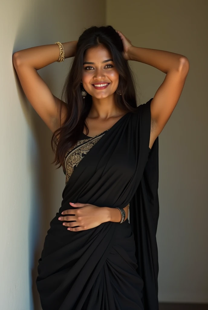 a mature indian woman, around 21 years. a beautiful smile, black saree, B cup breasts and a visible waist, posing against a wall with her hands raised.